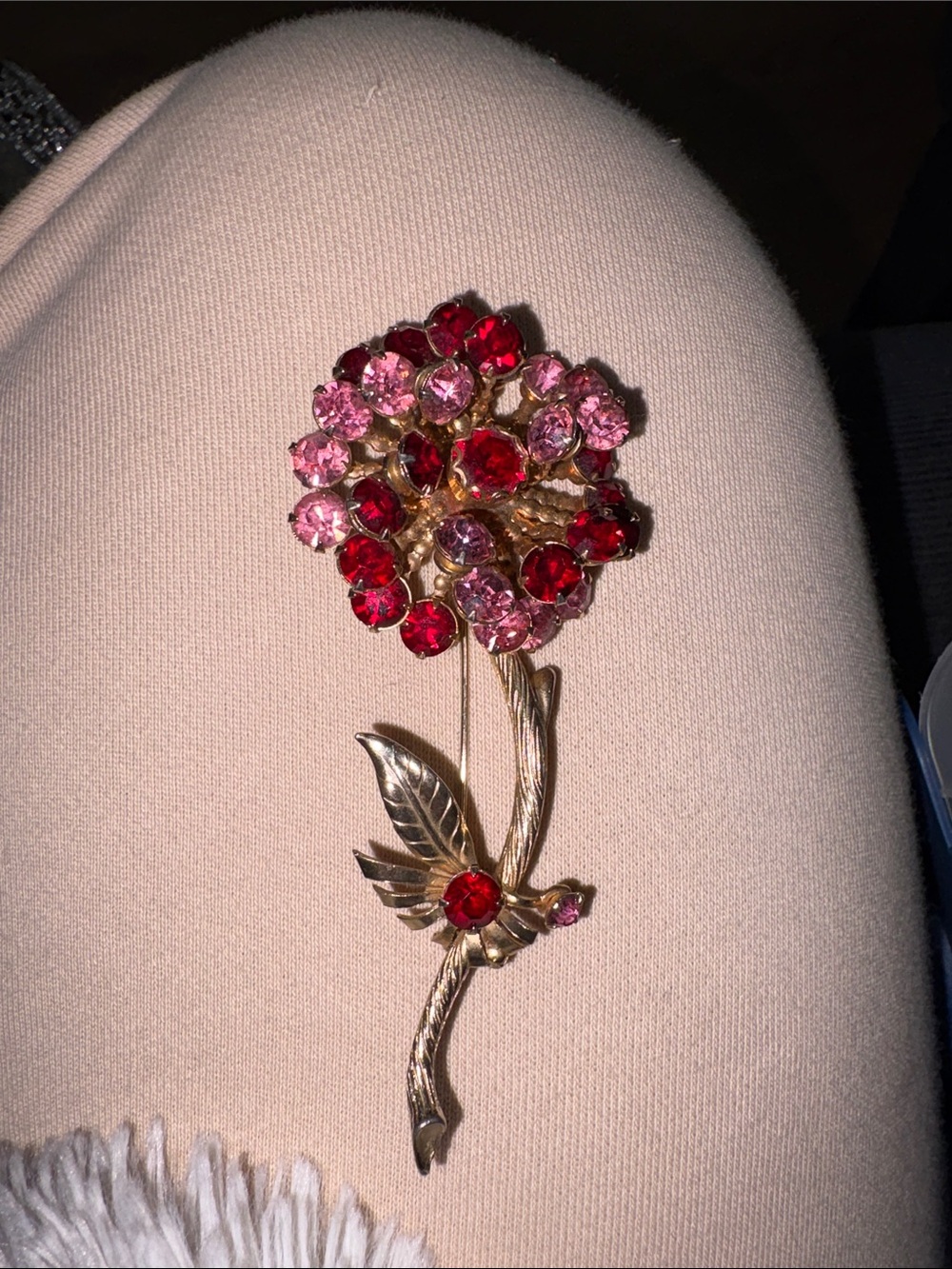 Vintage Gold-Tone Red & Pink Crystal Flower Brooch